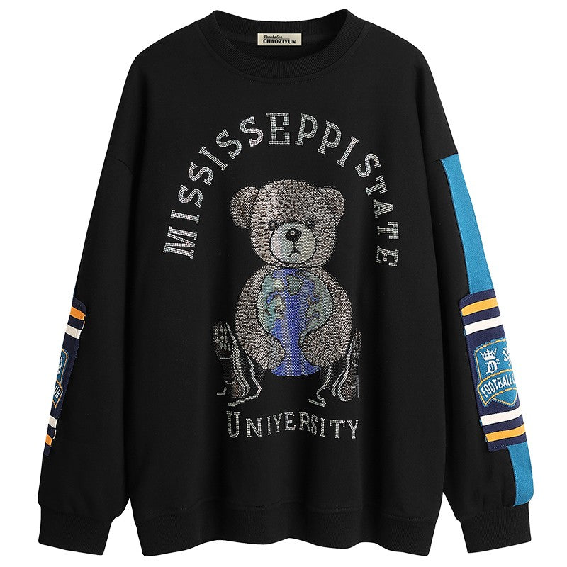 Over size Mid-length bear diamond loose sweatshirt