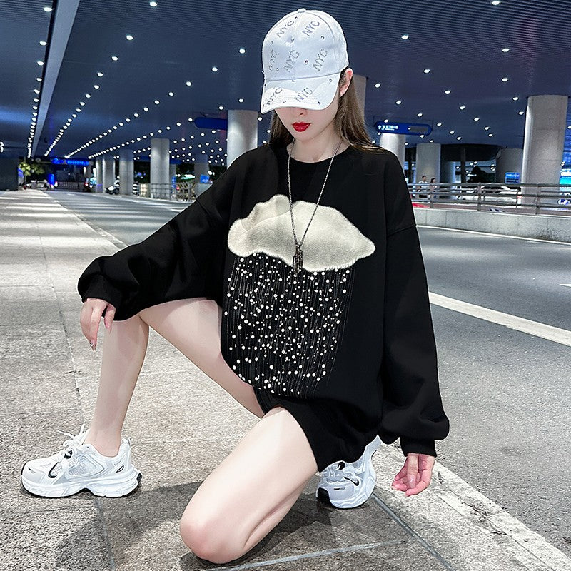 Rain drop loose oversize mid-length sweatshirt