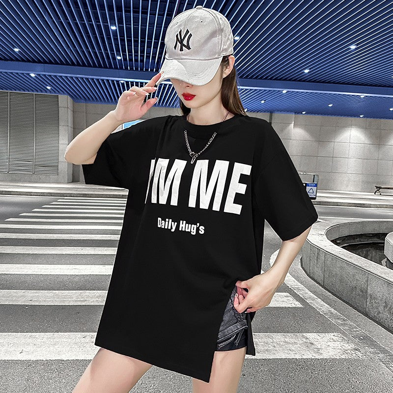 I am me graphics vibe slit right short-sleeved T-shirt