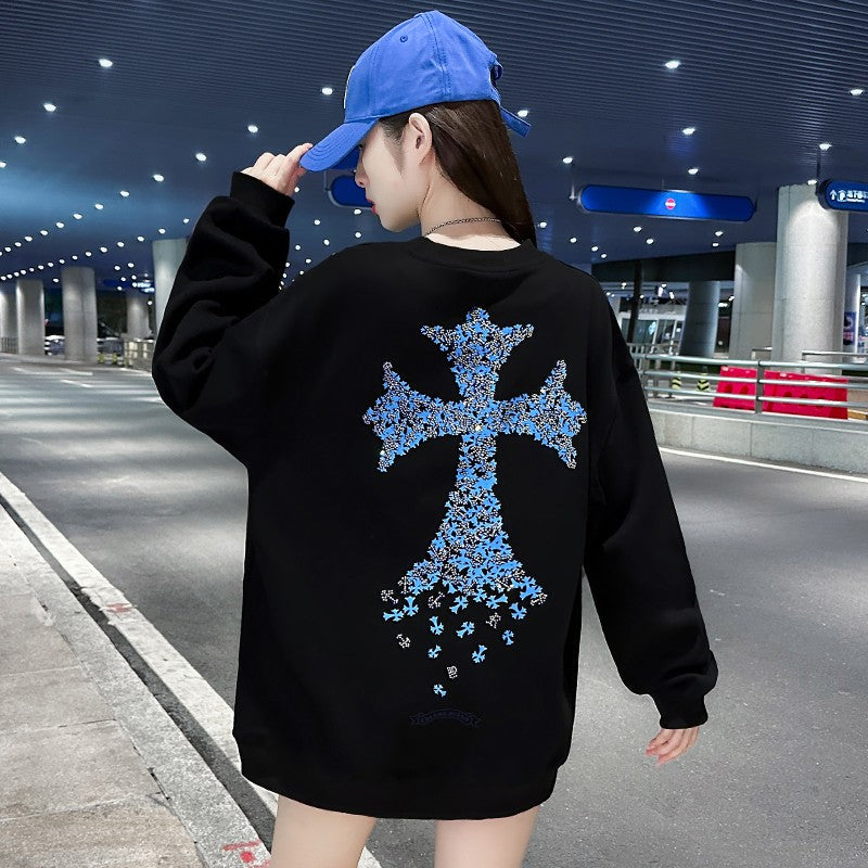 Blue printed hoodless black sweatshirt