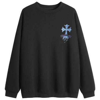 Blue printed hoodless black sweatshirt