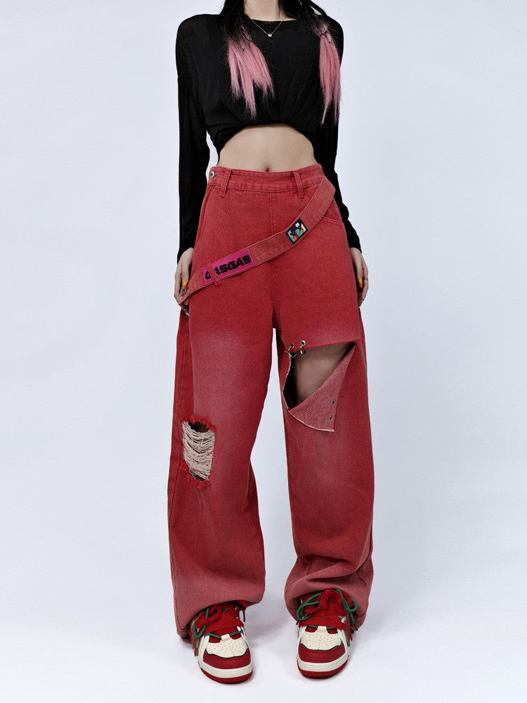 Ripped jeans gradient tie-dye washed versatile red straight-leg