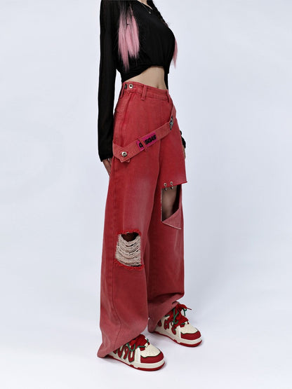 Ripped jeans gradient tie-dye washed versatile red straight-leg