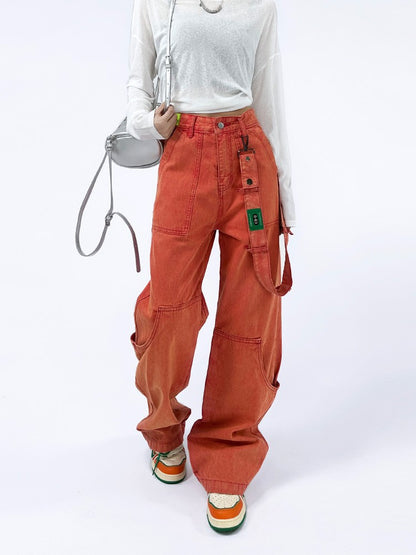 Jeans patchwork micro horn shoulder strap pants