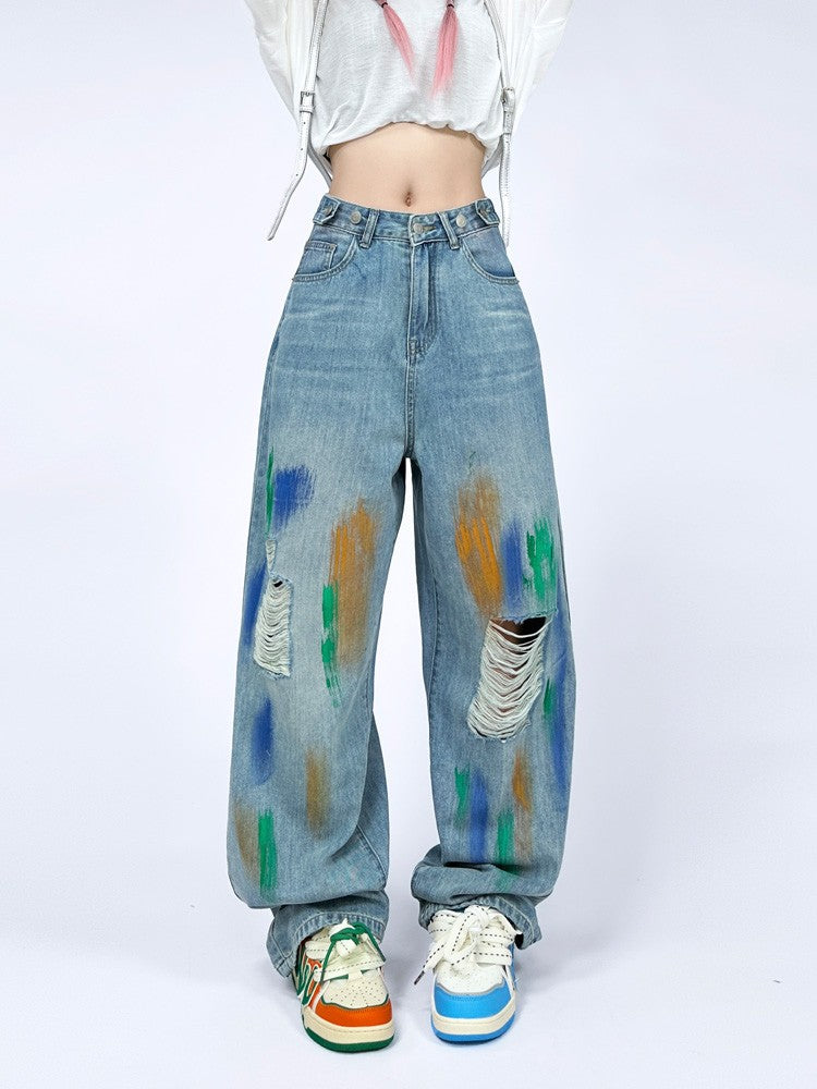 Jeans light inkjet colored straight casual pants