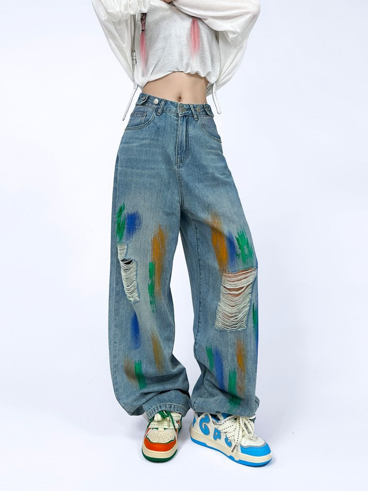 Jeans light inkjet colored straight casual pants