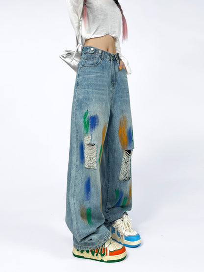 Jeans light inkjet colored straight casual pants