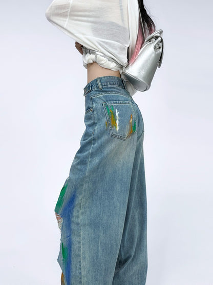 Jeans light inkjet colored straight casual pants