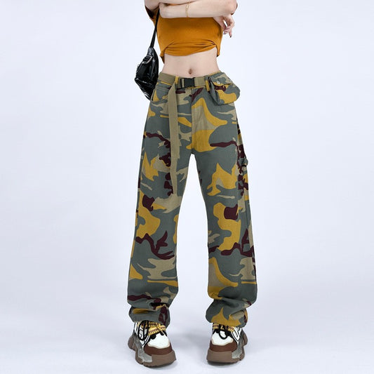 Camouflage Straight Leg Loose Belt Belt Bag Pant