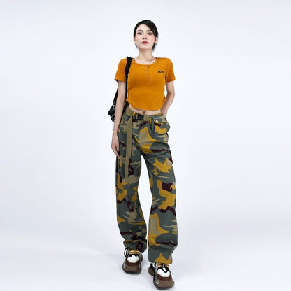 Camouflage Straight Leg Loose Belt Belt Bag Pant