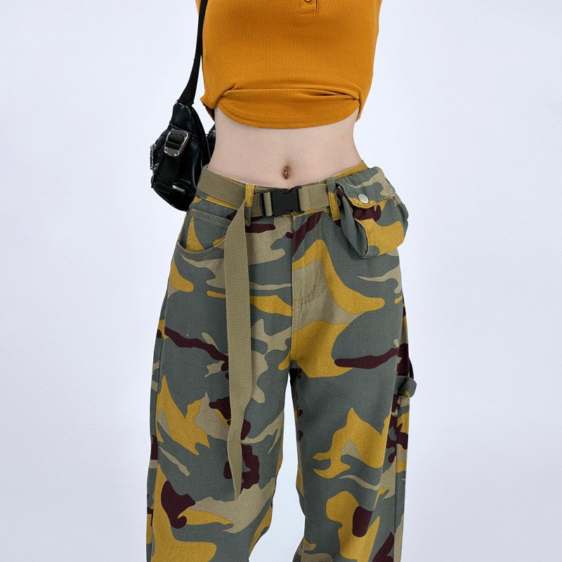 Camouflage Straight Leg Loose Belt Belt Bag Pant