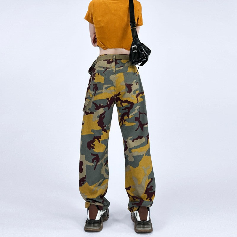 Camouflage Straight Leg Loose Belt Belt Bag Pant