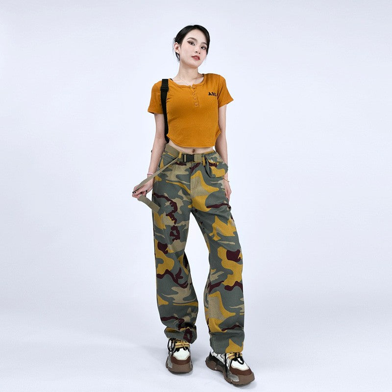 Camouflage Straight Leg Loose Belt Belt Bag Pant