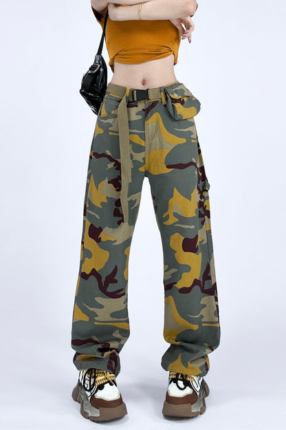 Camouflage Straight Leg Loose Belt Belt Bag Pant