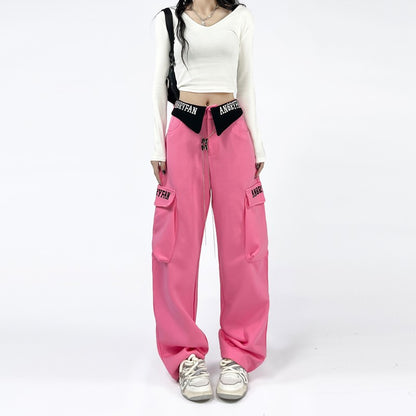 Turn-over Metal Straight Overalls Street Casual Pants