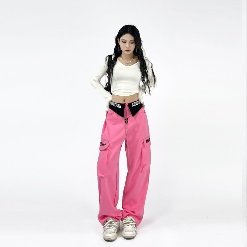 Turn-over Metal Straight Overalls Street Casual Pants