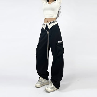 Turn-over Metal Straight Overalls Street Casual Pants