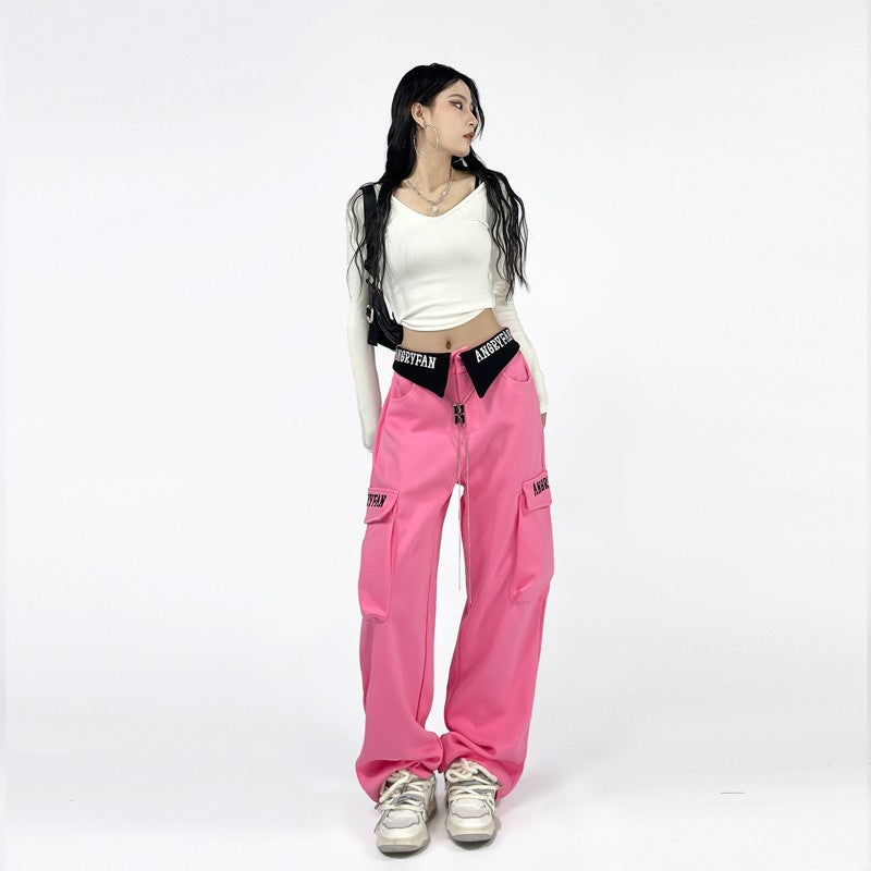 Turn-over Metal Straight Overalls Street Casual Pants