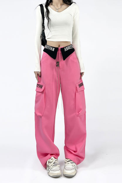 Turn-over Metal Straight Overalls Street Casual Pants