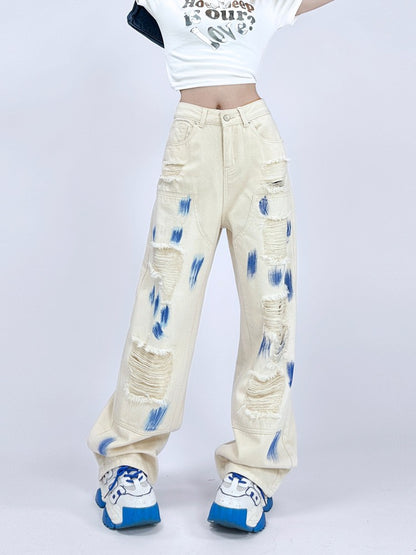 High-waisted jeans splash-ink tie-dye ripped begga pants