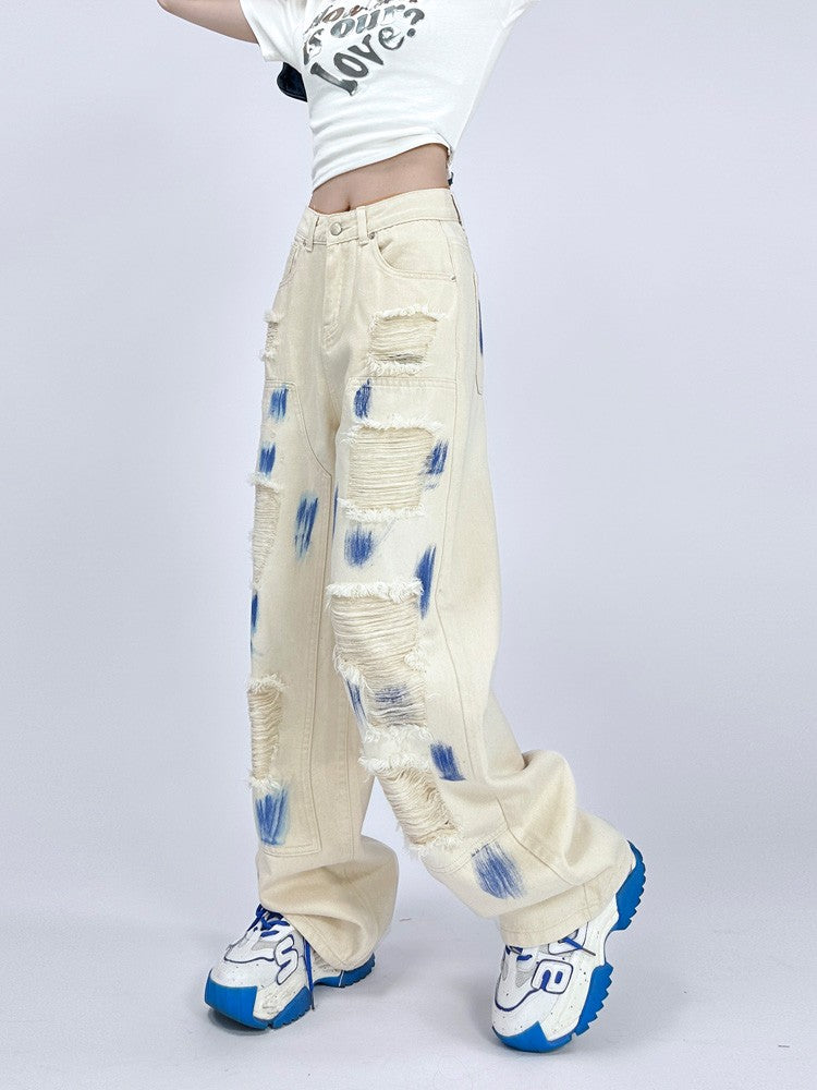 High-waisted jeans splash-ink tie-dye ripped begga pants