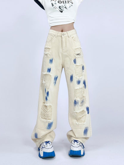 High-waisted jeans splash-ink tie-dye ripped begga pants