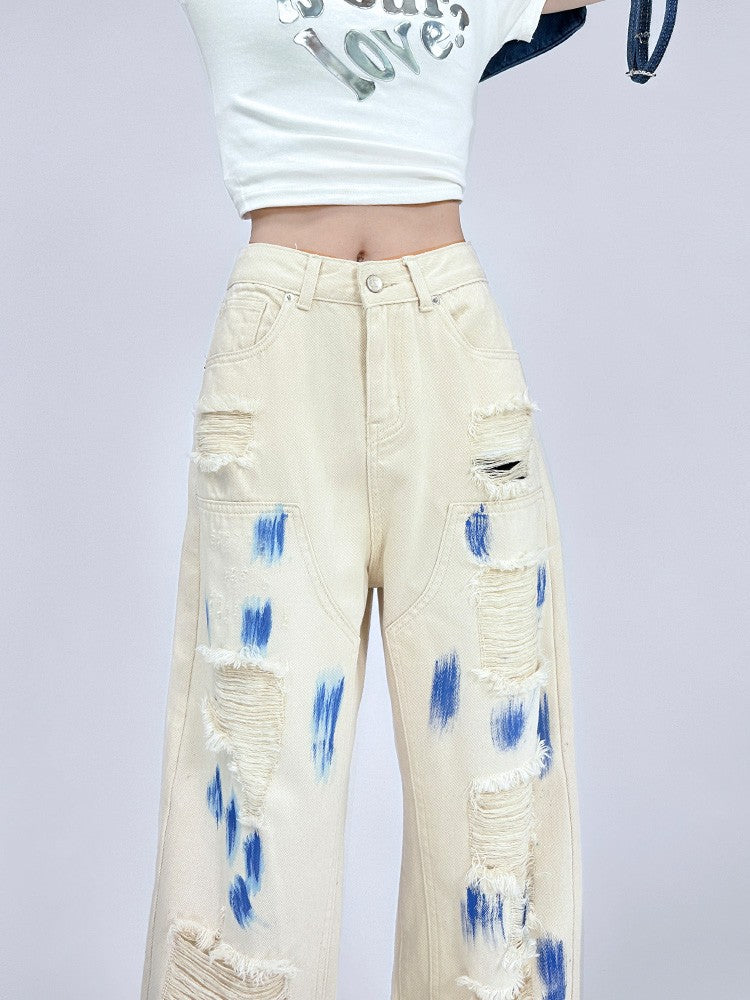 High-waisted jeans splash-ink tie-dye ripped begga pants