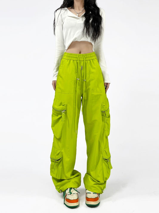 Multi pocket drawstring green pants