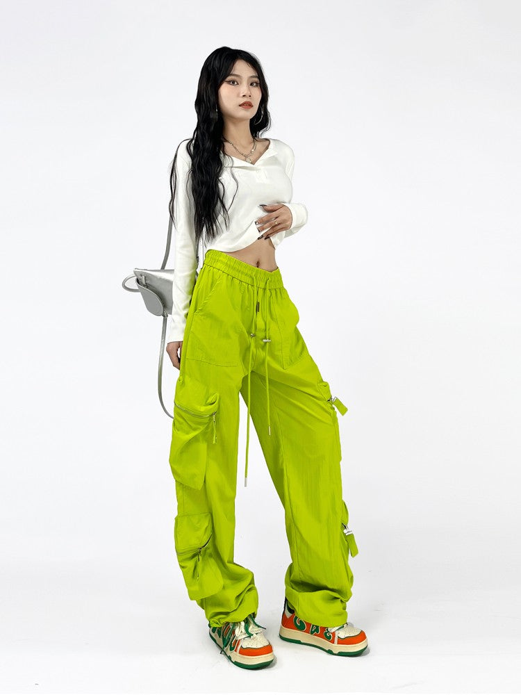 Multi pocket drawstring green pants