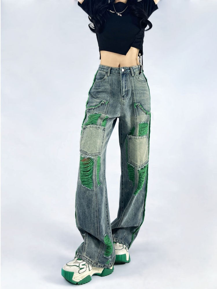 Green hole all-match women jeans