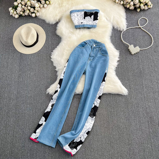 Fashion set women's strapless strapless denim top two-piece high waisted slimming print patchwork wide leg pants for summer