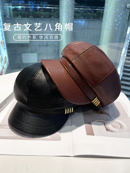 PU leather metal buckle octagonal hat for women