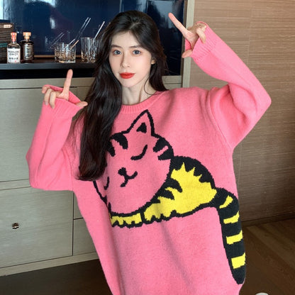 Cartoon pink cart sweater women loose fitting