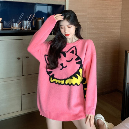 Cartoon pink cart sweater women loose fitting