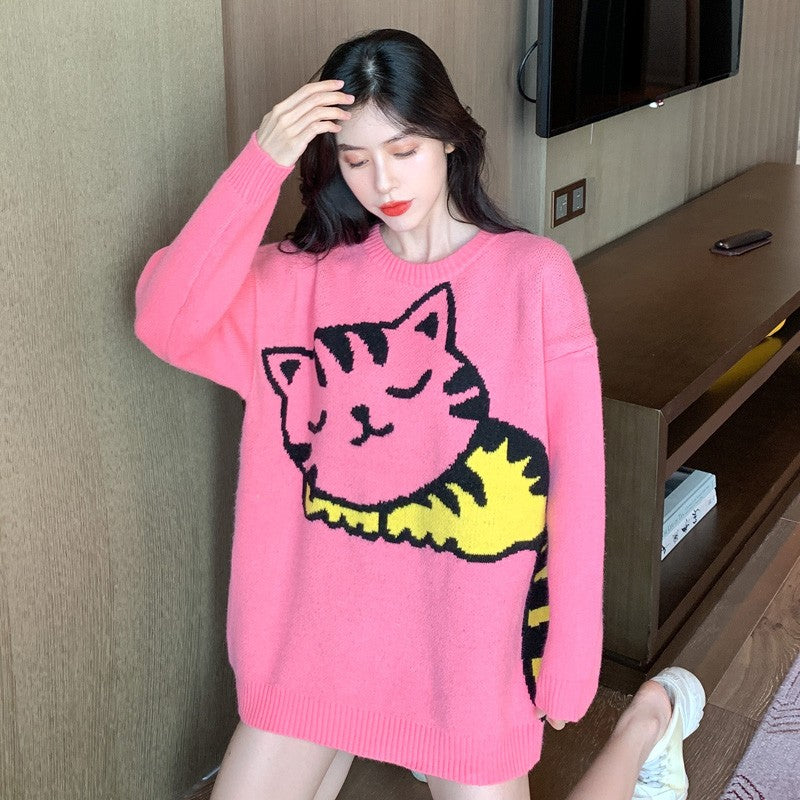 Cartoon pink cart sweater women loose fitting