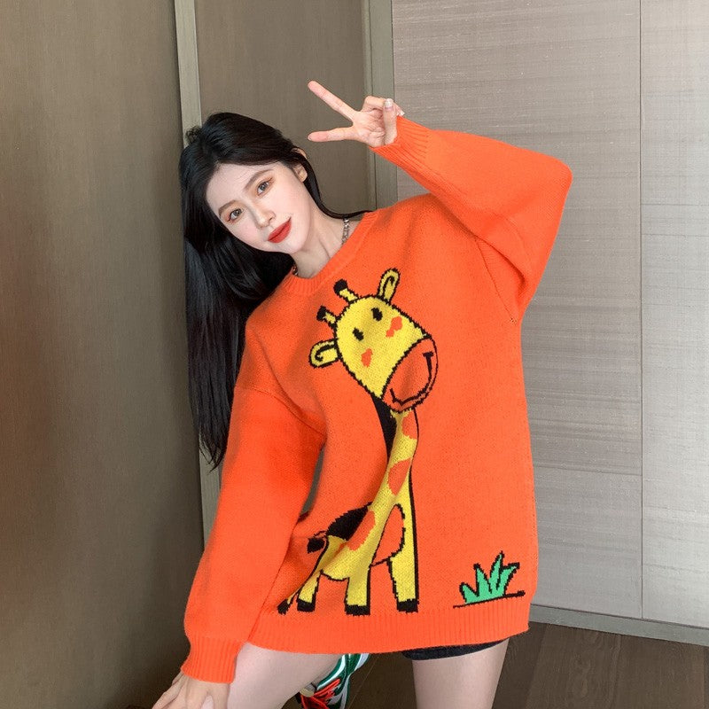 Orange Giraffe Sweater Women's Top