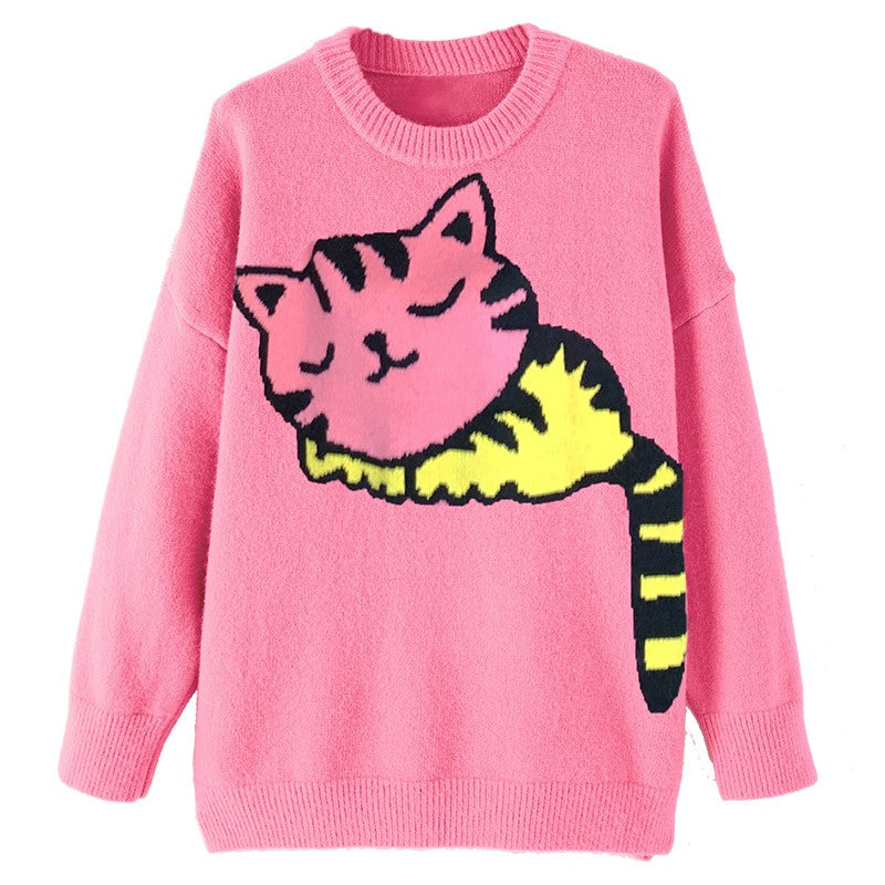 Cartoon pink cart sweater women loose fitting