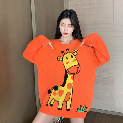 Orange Giraffe Sweater Women's Top