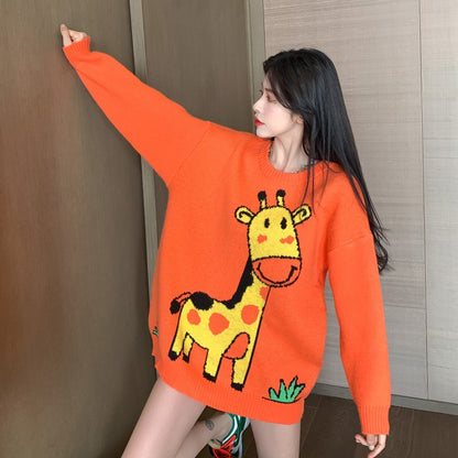 Orange Giraffe Sweater Women's Top