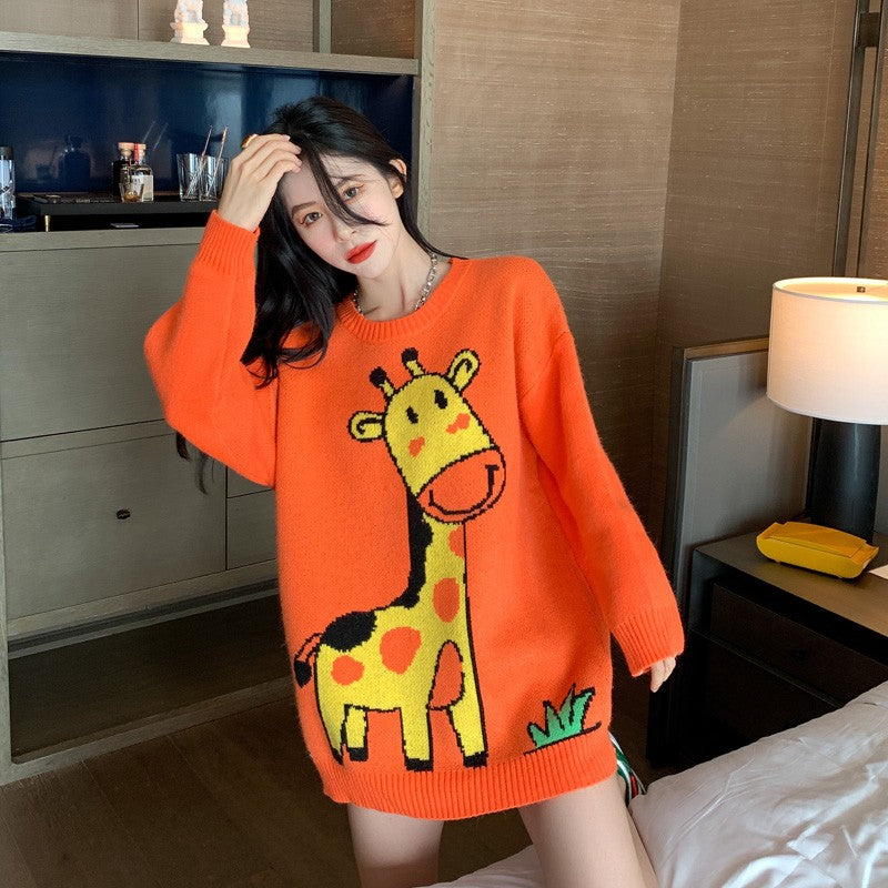 Orange Giraffe Sweater Women's Top