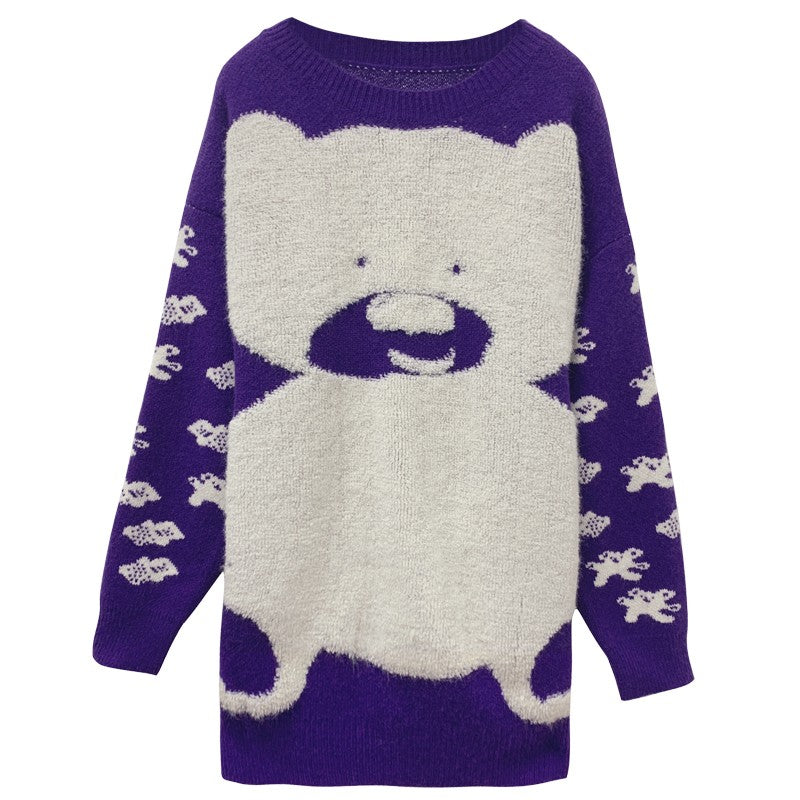 Purple jacquard bear sweater women's loose mid-length