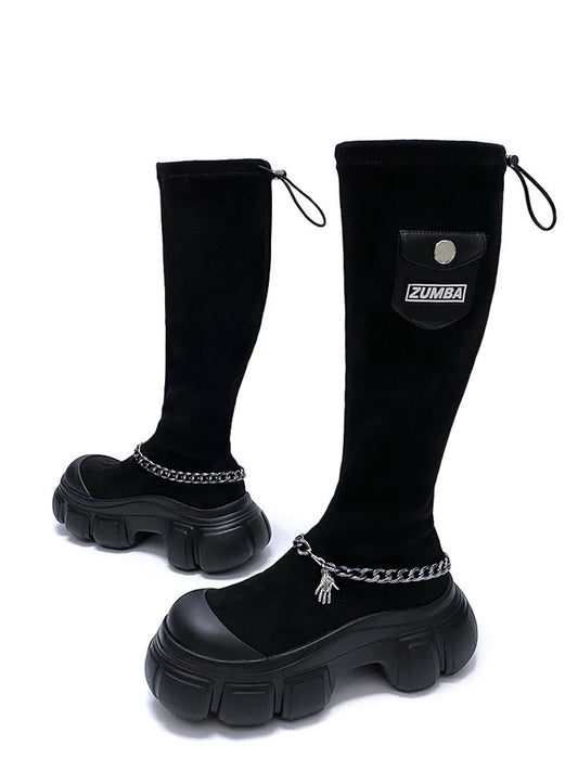 Black elastic boots chainlong boots for women