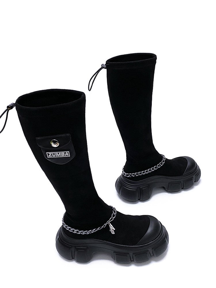 Black elastic boots chainlong boots for women