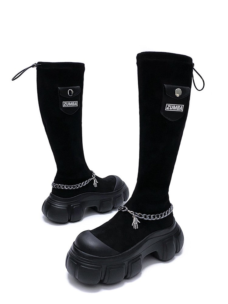 Black elastic boots chainlong boots for women