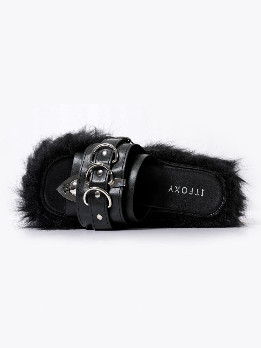 Women's punk subculture furry slippers flip flops