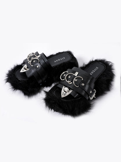 Women's punk subculture furry slippers flip flops