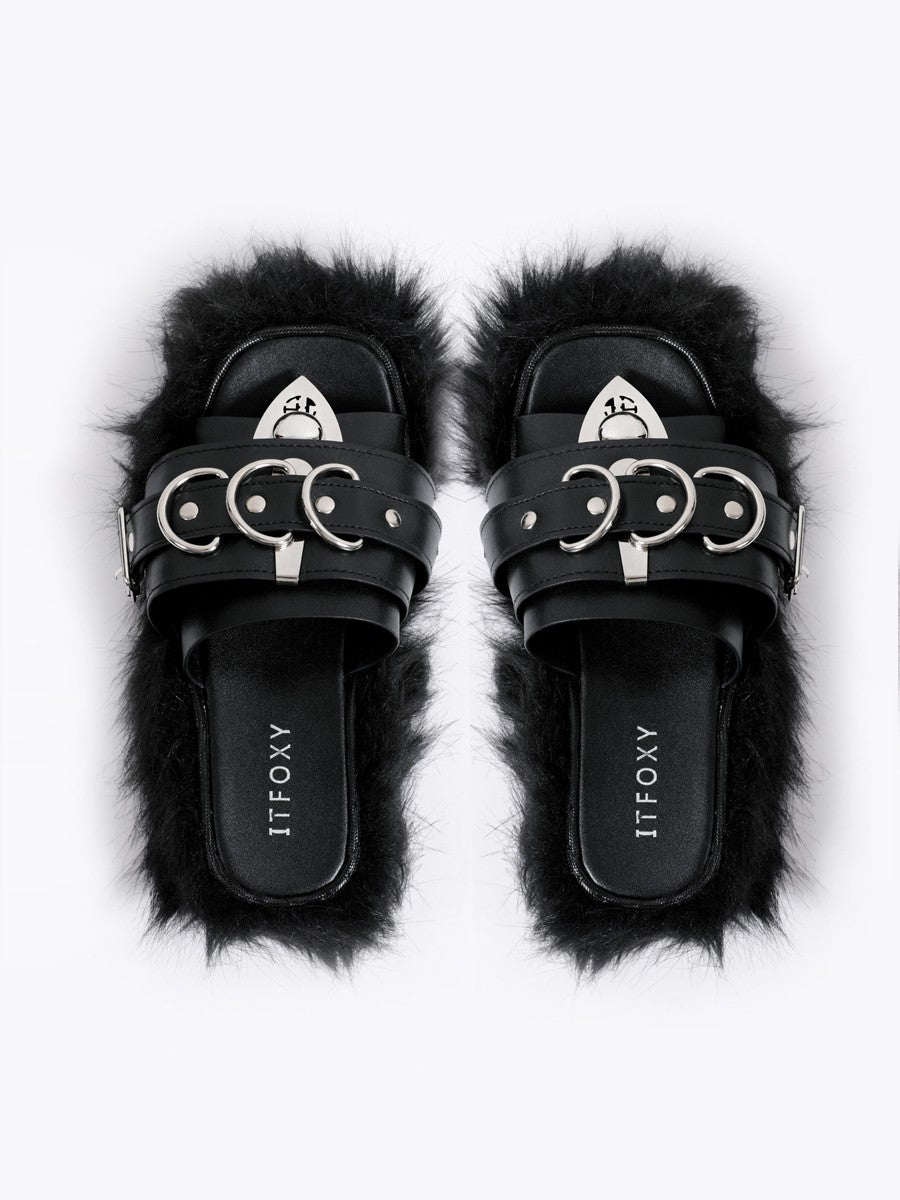 Women's punk subculture furry slippers flip flops