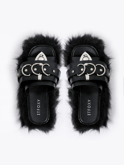 Women's punk subculture furry slippers flip flops