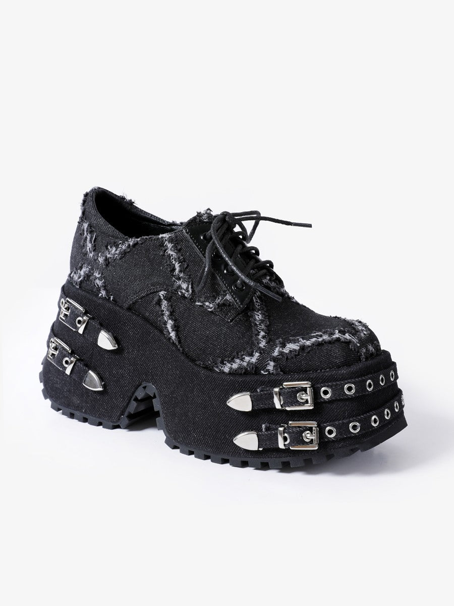 Women original design punk goth style buckle square platform shoes