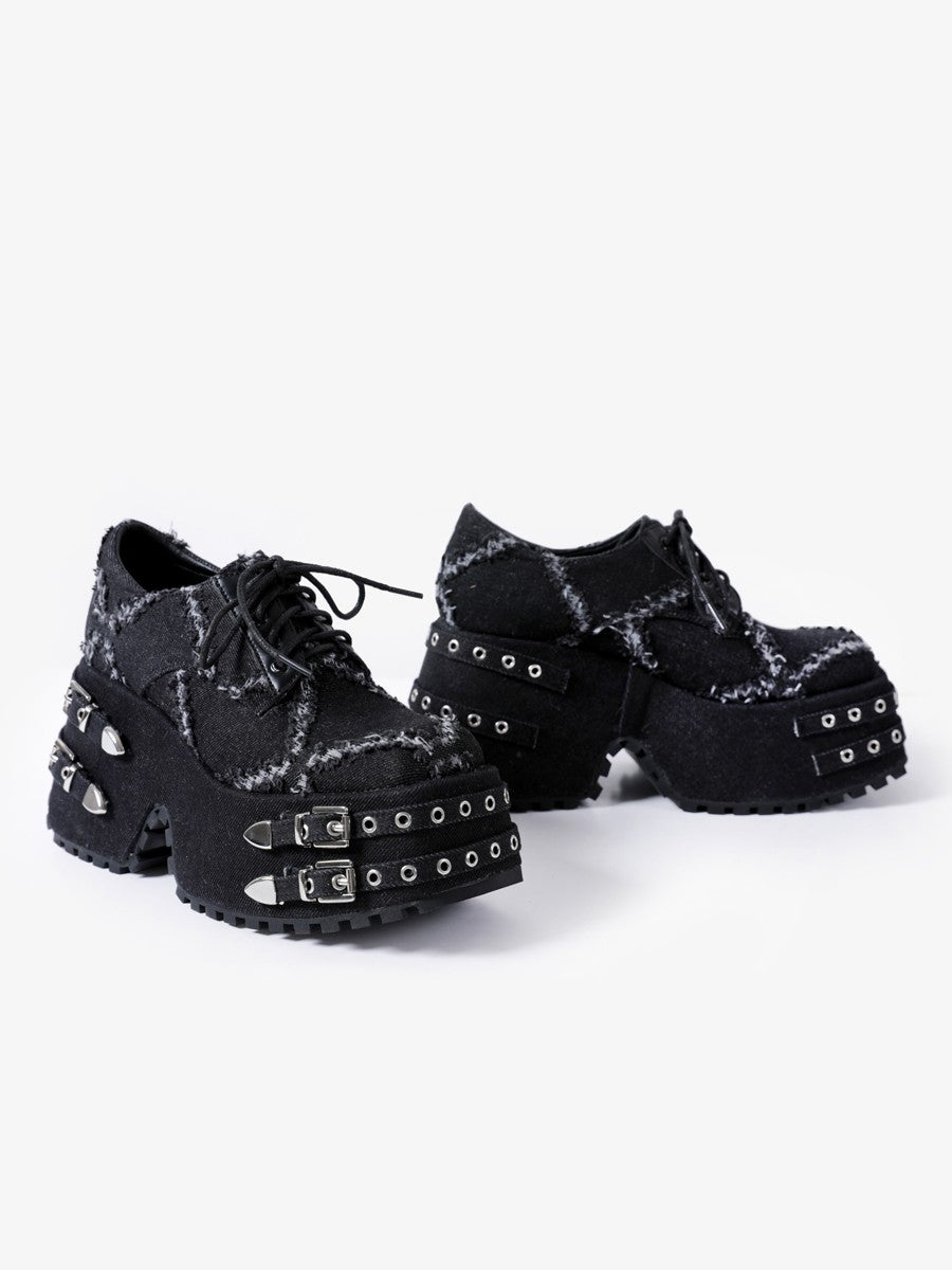 Women original design punk goth style buckle square platform shoes